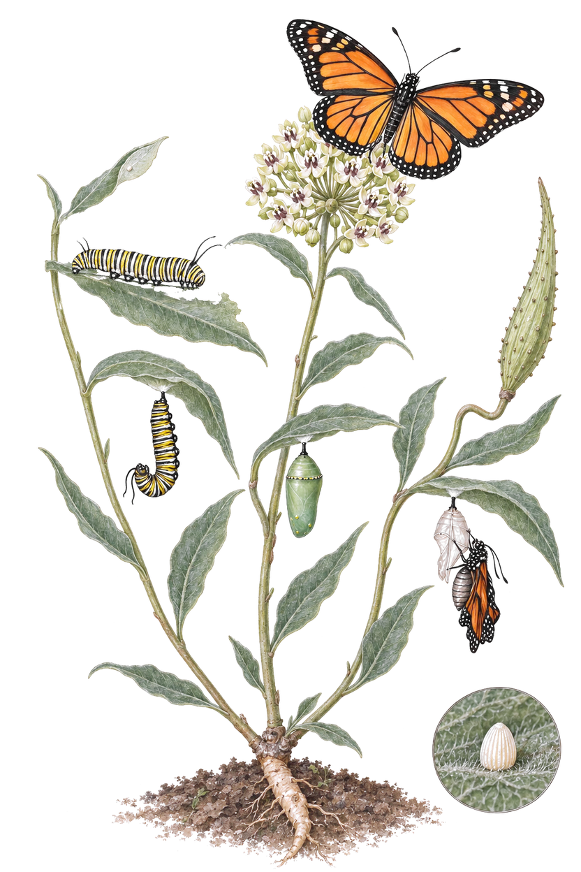A watercolor plate of one antelope horns milkweed plant with the whole monarch life cycle on it: a tiny cream egg on a curled leaf tip near the top, a full-grown caterpillar eating a chewed leaf, a caterpillar hanging head-down in a J, a green chrysalis with gold dots, an empty chrysalis case with a new butterfly hanging below it to dry its wings, a butterfly with open wings feeding on the round flower cluster, a curved seed pod, the taproot, and the egg shown enlarged in a circle.
